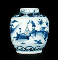 Blauw-witte pot beschilderd met een jongen die een bad neemt, Wanli of Chongzheng, 1600-30